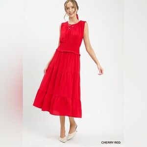 ♥️Hello Gorgeous! Umgee Smocked Waist Tiered Midi Dress-Cherry Red